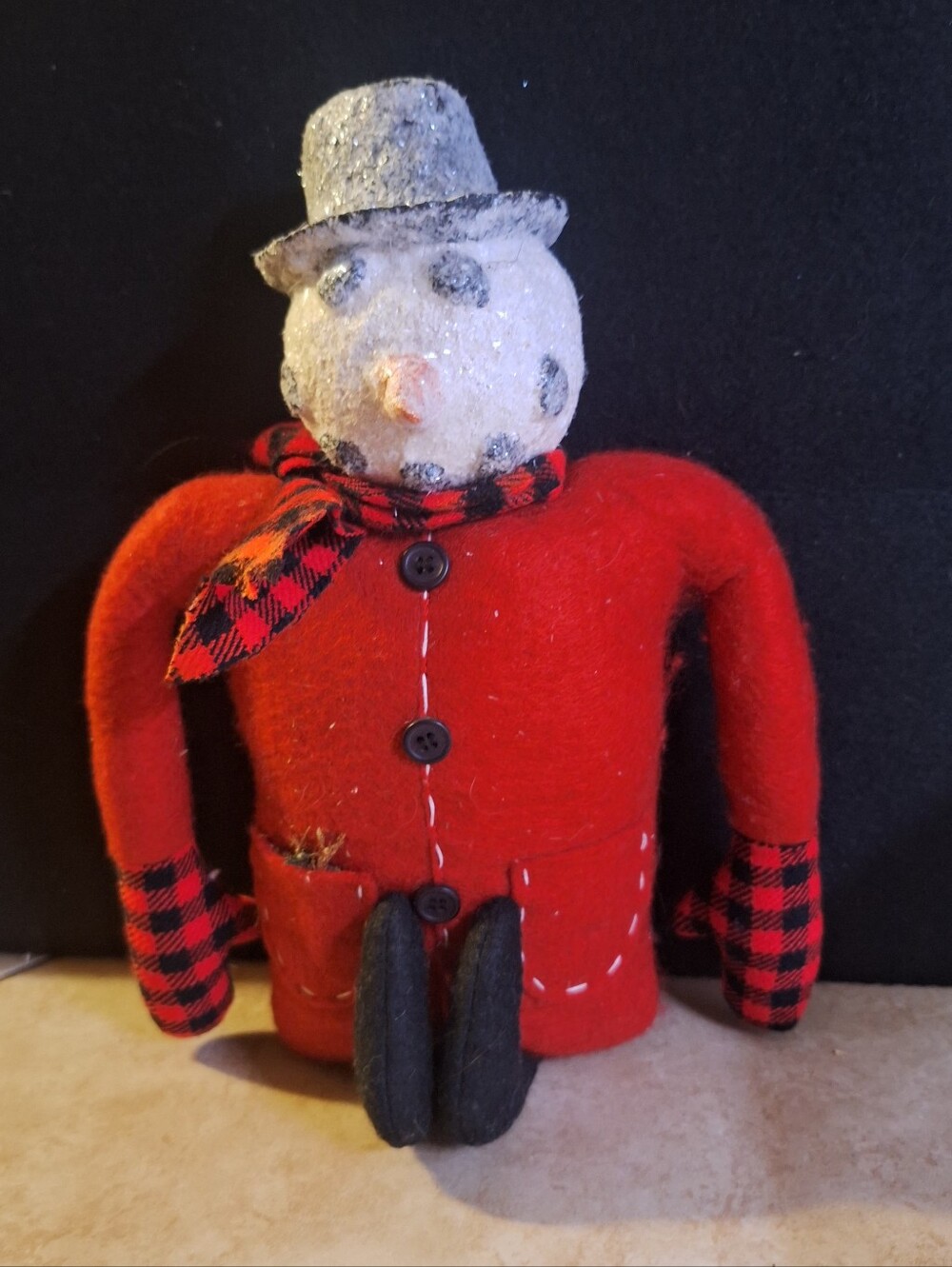 Primitive Style Folk Art Snowman Holiday Shelf Sitter 11" Sugared Hat Stuffed